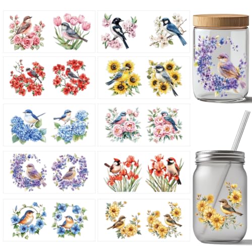arricraft 10 Pcs Birds and Flowers Theme Cup Printing UV Transfer Papers, 10 Styles Various Birds Roses Tulips UV DTF Cup Wrap Stickers for 16 OZ Glass Cups Crafts 9.5x4.3inch - style: Birds and Flowers Theme