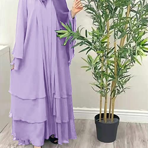 Muslim Chiffon Abaya for Women Open Front Cardigan Modest Dress with Hijab Scarf Middle East Arabian Robe Islamic Long Dress - color: Light Purple, size: XX-Large