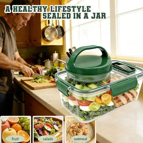 Upgraded Salad Pod Mason Jar Side Open,Portable Salad Container,On The Go Salad Jar Compartment for Travel Office Lunch,Leakproof Airtight,BPA Free & Dishwasher Safe (Square - Green)