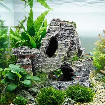 Resin Aquarium Mountain Decor with Moss Rock Cave - Multi-Level Terrain for Fish Tank Landscaping, Natural-Looking Rockery Design with Hidden Cave and Crevices for Shrimp, Reptile Habitat Aquascaping