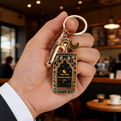 Islamic Keychain – Gold-Plated Enamel Muslim Keychain with Quran Verse & Charms, Islamic Gifts for Women & Men - color: Black