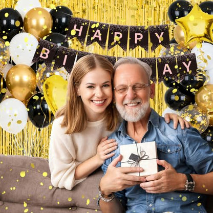 165 Pcs Black and Gold Birthday Decorations for Men and Women,Party Supplies Kit with Tablecloth,Paper Plates, Balloon, Happy Birthday Banner, Fringe Curtains, Cake Topper, Cups, for 25 Guests - style: Black and Gold