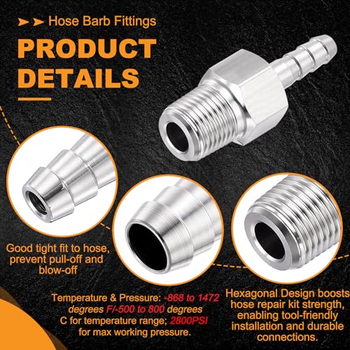 HARFINGTON 20pcs 3/16" to 1/8" NPT Male Stainless Steel Hex Bars Hose Barb Fitting Metals Splicer Mender for 3D Printing, Air Compressor, CNC Machine, Dies