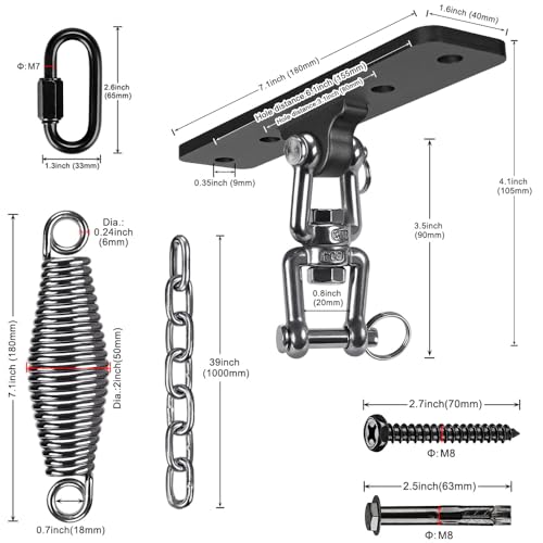 Dolibest Hammock Chair Hanging Kit, Heavy Duty Swing Hanger and 3.28ft Chain with Spring (6MM), Wall Ceiling Hooks for Yoga Indoor Playground Hanging Chair Hammock Chair4 Screws, 4 Expansion Screws - color: Swing Hanger With 39'' Chain+spring-1