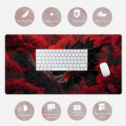 Huge Dragon Large Mouse Pad - Red and Black Mousepad, Big Full Keyboard and Mouse Pad with Stitched Edges, Anti-Slip, Funny Desk Pad, 31.5 X 15.8 in. - color: Red Black Dragon