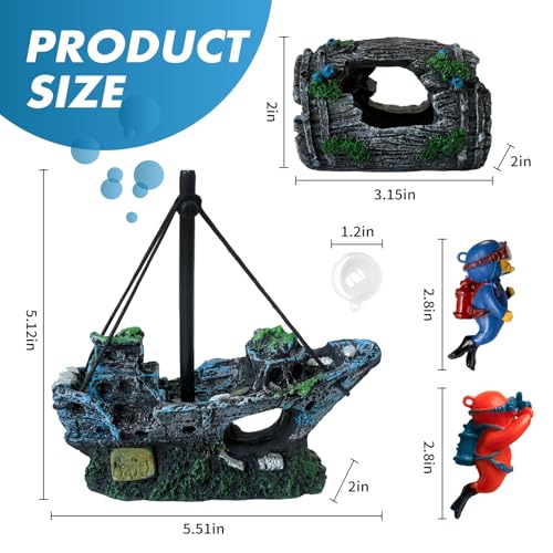 4PCS Fish Tank Decorations Set – Resin Shipwreck & Barrel with 2 Floating Diver Figurines, Aquarium Decor Ornaments for Betta Fish Goldfish Shrimp, Safe Hideouts Decor for Small Tanks