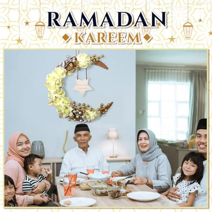 Lineshading Eid 라마단 무바라크 화환 라마단 장식, 집 앞문 이드 장식, 원형 금속 후프, 꽃무늬 벽걸이 화환, 벽 창문 실내 실외 농가 장식 - style: Fresh
