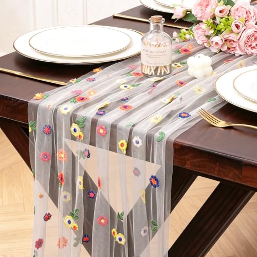 Champagne Embroidery Daisy Gauze Table Runner 10FT Floral Seasonal 120 Inch Sheer Tulle Table Runner Kitchen Dining Wedding Holiday Birthday Christmas Decor for Home Party Decorations - color: Champagne, size: 10 ft × 1 pc