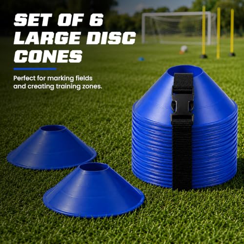 American Challenge Large Disc Cones – Set of 6 Agility Cones for Sports Training – Compact Soccer Cones with Carry Strap for Drills & Practice - color: Royal