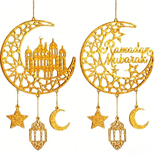 Ramadan Decorations, Ramadan Mubarak Moon & Mosque Wooden Hanging Decorations – Gold Crescent Moon & Star Decor, Eid Ramadan Decorations for Home Party Door Windows, Ramadan Wall Art Sign - style: Ramadan Mubarak
