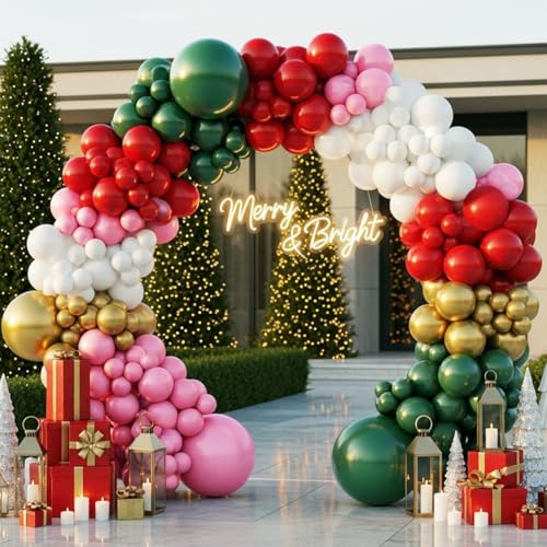 Christmas Balloon Arch Kit – 143pcs Double Stuffed Green, Red, Green, White, Pink & Gold Balloons Garland, Xmas Balloon Arch Decorations for Holiday Party, Merry Christmas Balloons Decor Supplies - color: Pink Christmas