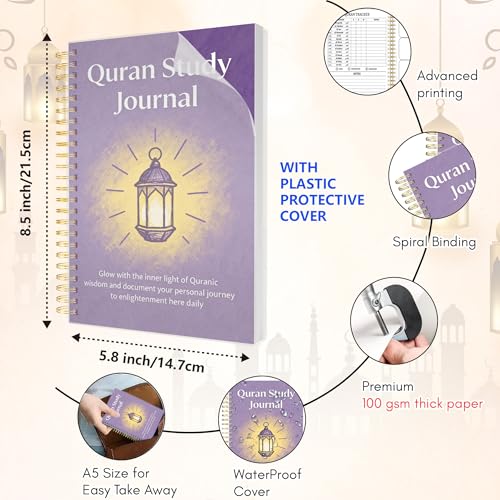 Premium Quran Study Journal - A5 Spiral Bound Islamic Reflection Notebook with 120 Pages 100gsm Thick Paper - Arabic & Translation Tracker for Daily Quranic Study, Memorization & Ramadan Gifts (Luminous Black) - color: Luminous Black