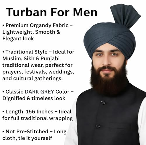 Turban For Men (156 Inches) Long Cloth – Muslim, Sikh, Punjabi Headwrap | For Prayer, Festivals & Special Occasions - color: Dark Grey