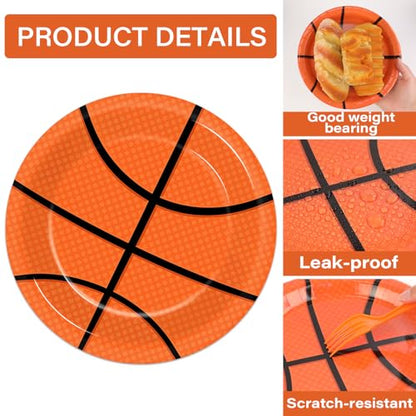 48Pcs Basketball Paper Plates and Napkins Basketball Birthday Party Decorations Sport Party Supplies Black Orange Dessert Plates Disposable Tableware Set for Teenagers Kids Boys Adults Serve 24 - style: Basketball