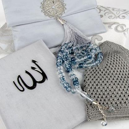 Islamic Prayer Gift Set for Men – Velvet Prayer Mat, Tasbih Beads, Yaseen Book – Muslim Prayer Essentials – Ramadan Eid Gift - color: Light Gray