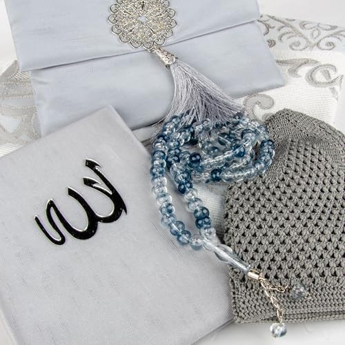 Islamic Prayer Gift Set for Men – Velvet Prayer Mat, Tasbih Beads, Yaseen Book – Muslim Prayer Essentials – Ramadan Eid Gift - color: Light Gray