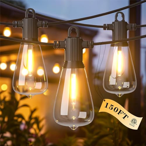 Kawaya Outdoor Lights String LED Patio Lights: 150FT Waterproof Commercial Grade Vintage String Lights for Outside - 72+3 Shatterproof ST38 Edison Bulbs for Porch Bistro Backyard Cafe (75FTx2) - size: 150FT