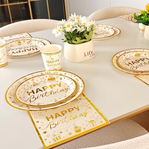 100 Pcs Gold Birthday Plates and Napkins Party Supplies with Golden Happy Birthday Party Dinnerware Set, Gold Birthday Paper Plates, Napkins and Cups for 25 Guests