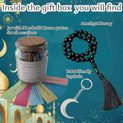 Quran Jar Gift Set – 90 Color-Coded Quran Verses + Tasbih Prayer Beads + Keychain | Islamic Gift Box for Ramadan, Eid, Healing & Daily Inspiration