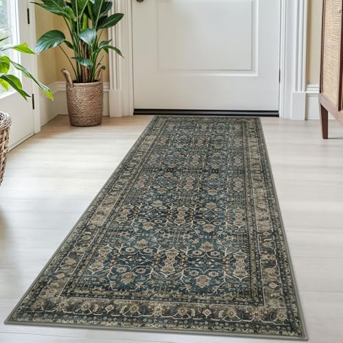 SIILOOM 2x5 Washable Rug Blue Brown Small Area Rug for Entryway, Soft Slip-Resistant Indoor Door Mat Tribal Floral Low-Pile Kitchen Rugs, Vintage Tribal Carpet for Entrance Kitchen Bedside - color: Blue/Brown, size: 2' x 5' (Runner)