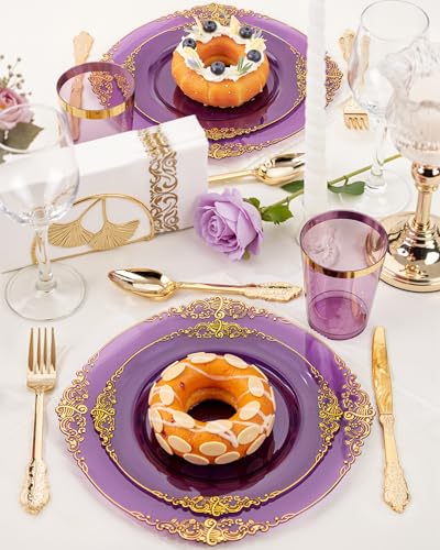 Nervure 175PCS Clear Purple Plastic Plates - Purple Party Plates Set for 25 Guests Include 25Dinner Plate, 25Dessert Plate, 25Cups, 75 Cutlery, 25Napkins Perfect for Wedding, Party & Bridal - color: Transparent Purple, style: 175Pcs(25Guests)