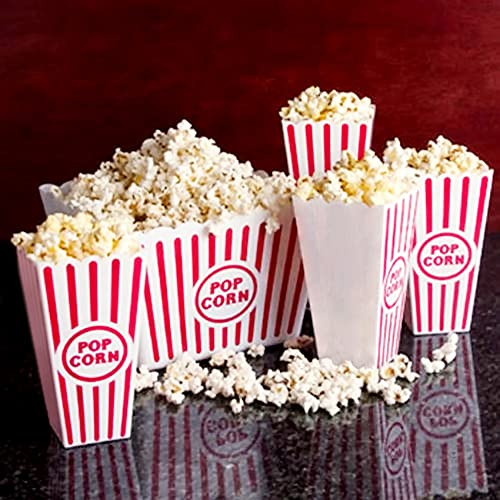 Novelty Place Plastic Red & White Striped Classic Popcorn Containers for Movie Night - 7.8" Tall x 3.8" Top x 2.3" Bottom, 41oz (4 Pack)