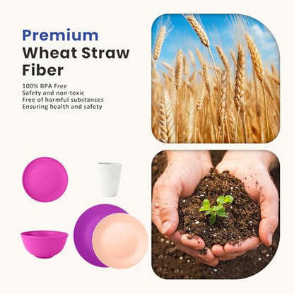 Homienly 40-Piece Wheat Straw Dinnerware Set, Reusable Plates and Bowls Sets, Alternative to Plastic Dishes Set-Dinner Plates with Textured Pattern, Bowls, Cups, Dishwasher Safe - Pink Flower - color: Pink Flower, size: 40 PCS