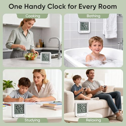 Bathroom Clock Waterproof Shower Timer, Digital Wall Clock with Countdown, Touch Screen, LCD Display, Temperature, Suction Cup/Hanging Hole/Stand, Spa Sauna I White - color: White