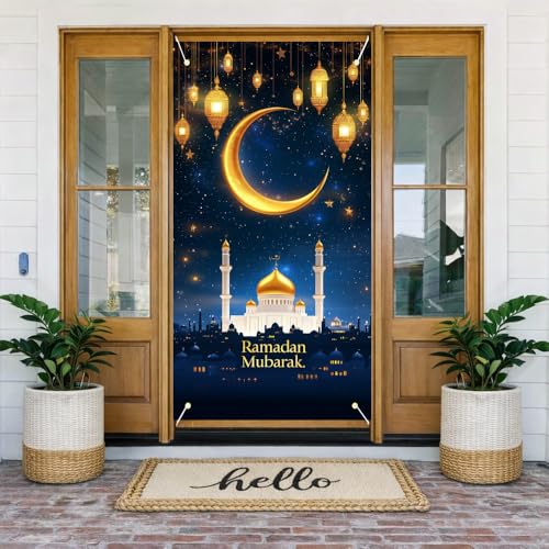 Ramadan Door Cover 71x35 Inch Crescent Mosque Lantern Scene Night Sky Artwork Porch Decoration for Home Entryway Indoor Outdoor Seasonal Door Banner - color: Colorful 1081