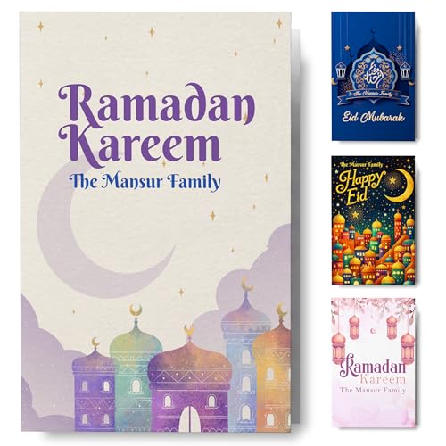 Personalized Ramadan Folded Card 5x7, Custom Family Name and Message Eid Mubarak Greeting Cards for Friends Family Mosque Community, Religious Holiday Card Set with Envelopes, Single or Bulk Packs - color: Design 03