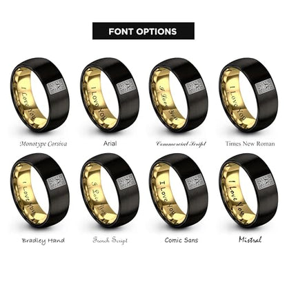 Gift for Muslim Devotee - Prayer Rug Pattern Ring - Black Yellow Rose Gold - Band - Anniversary Wedding - Personalized Custom Engraving - Flat Dome Bevel - 8mm - Men Women - Tungsten Carbide - color: 02 - Yellow Gold Black Tungsten