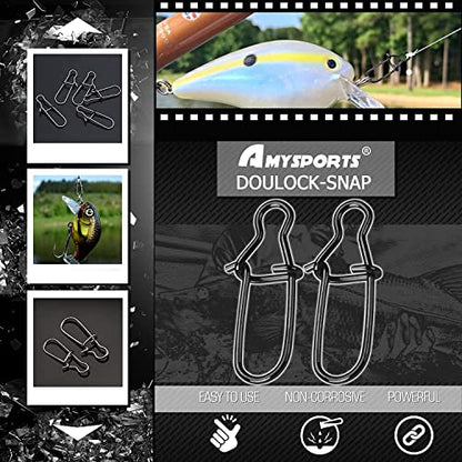 AMYSPORTS High Strength Fishing Snap Clip Duo Lock Snap Swivel Stainless Quick Change Fishing Snaps Solid Black Nickel 26lb-220lb - size: Size8（220lb）40pcs