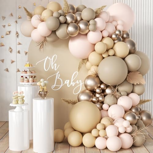 MEBAY Boho Pink Nude Neutral Balloon Arch Kit, 166Pcs Pastel Brown Maca Light Pink Nude Champagne Gold Balloons Garland for Baby Shower Gender Reveal Birthday Party Decoration - color: Brown-nude-gold