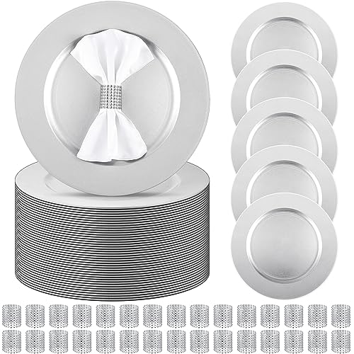 100 Pieces Charger Plates Bulk with Napkin Rings,Simple Style,Silver - color: Silver, size: Simple Style