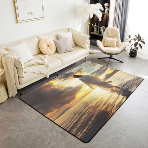 Manfei God Walk on The Water Kids Area Rug,Sunrise Ocean Faith Inspired Indoor Floor Mat Entrance Rug for Girls Boys,Western Bible Verse Non Slip Rug,Golden Couch Living Room Decor,5'x6'6'' - color: Golden, size: 4'11" x 6'7" (Rectangular)
