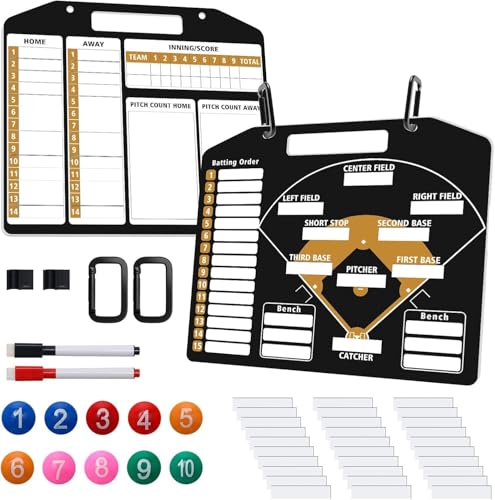 Magnetic Baseball Coach Clipboard, Anglecai Double-Sided Dry Erase Baseball Lineup Board for Softball Dugout Board Baseball Coaching Board with 30 Lineup Card/ 10 Magnet/2 Marker/2 Hook (Black) - color: Black