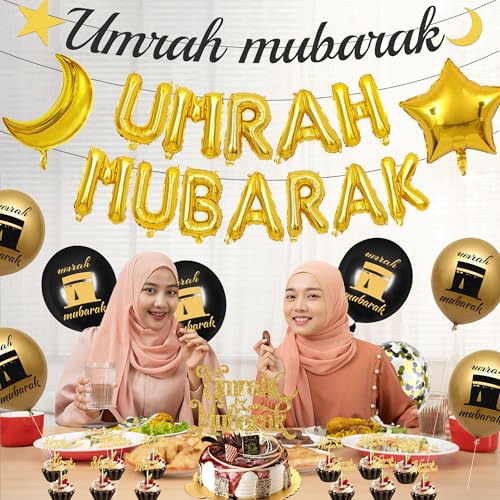 Umrah 무바라크 장식 라마단 이드 - 44피스 블랙 골드 하즈 라마단 장식 풍선 배너 케이크 토퍼 스타 문 파티 용품 가정용 Lslamic Muslim Al Fitr Eid Umrah 무바라크 파티 선물