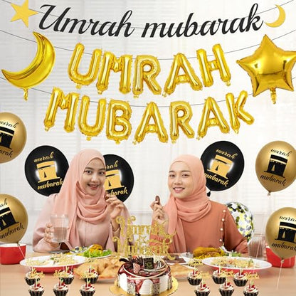 Umrah 무바라크 장식 라마단 이드 - 44피스 블랙 골드 하즈 라마단 장식 풍선 배너 케이크 토퍼 스타 문 파티 용품 가정용 Lslamic Muslim Al Fitr Eid Umrah 무바라크 파티 선물