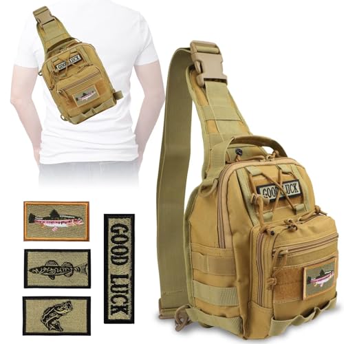 Small Fishing Backpack, Waterproof Fly Fishing Sling Pack Tackle Bag with Tackle Boxes - color: D-Size:17.7*8.5*5.7in-Khaki(NO TACKLE BOX)