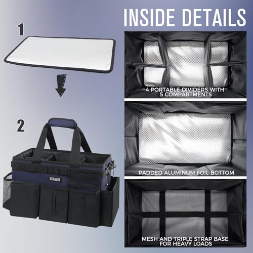 SCAVATA Wearable Cleaning Caddy Bag, Cleaning Caddy Supplies Organizer with Handle & Shoulder Straps for Housekeepers, Under Sink & Car Cleaning Tool Organizers with 4 Foldable Divider Navy (DarkBlue) - color: DarkBlue