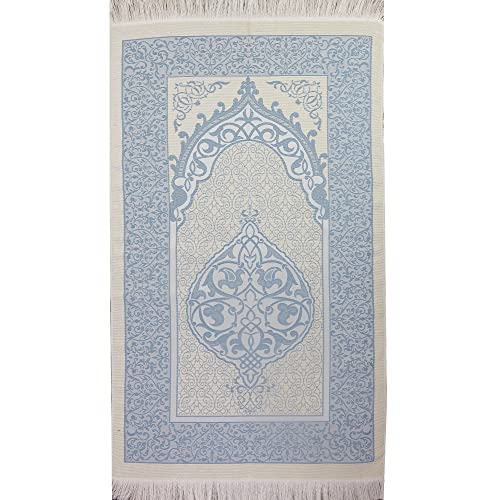 Modefa Muslim Woven Chenille Prayer Rug, Ottoman White/Blue + White/Pink | Thin Chenille and Taffeta Turkish Intricate Metallic Ottoman Salah Mat - color: White/Blue + White/Pink
