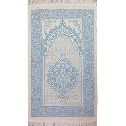 Modefa Muslim Woven Chenille Prayer Rug, Ottoman White/Blue + White/Pink | Thin Chenille and Taffeta Turkish Intricate Metallic Ottoman Salah Mat - color: White/Blue + White/Pink