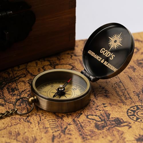 God's Guide & Blessing Compass, Trust in The Lord Compass, Wood Box Greeting, Inspirational Gift Men, Christian Boys Baptism Gifts, Graduation Day with Wooden Box - color: 2.Bronze Trust in The Lord Wooden Box