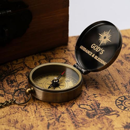 God's Guide & Blessing Compass, Trust in The Lord Compass, Wood Box Greeting, Inspirational Gift Men, Christian Boys Baptism Gifts, Graduation Day with Wooden Box - color: 4.Bronze Trust in The Lord PU Leather