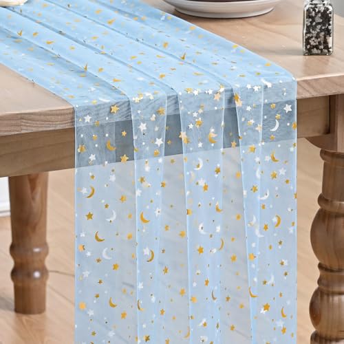 Artoid Mode Light Blue Gauze Stars Moon Table Runner 10FT, Glitter Metallic Foil Sheer Dining Wedding Anniversary Holiday Birthday Table Decor for Home Party - color: Light Blue