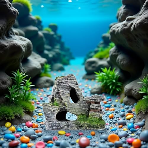 Resin Aquarium Mountain Decor with Moss Rock Cave - Multi-Level Terrain for Fish Tank Landscaping, Natural-Looking Rockery Design with Hidden Cave and Crevices for Shrimp,Reptile Habitat Aquascaping
