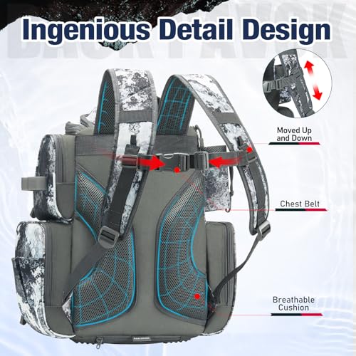 Piscifun Fishing Tackle Backpack with 2 Rod Holders, 4 Boxes & Rain Cover | Multi-pocket storage, fits 3600/3700 trays, bottle holder, padded straps for bank fishing - color: VEIL Camouflage