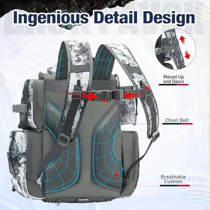 Piscifun Fishing Tackle Backpack with 2 Rod Holders, 4 Boxes & Rain Cover | Multi-pocket storage, fits 3600/3700 trays, bottle holder, padded straps for bank fishing - color: VEIL Camouflage