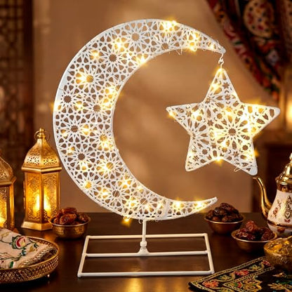MorningRo Eid Mubarak Table Decoration Metal Ramadan Moon Star Table Decor with LED Light Metal Crescent Ramadan Kareem Desk Ornament for Home Decor Islamic Muslim Gifts - style: Elegant