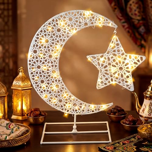 MorningRo Eid Mubarak Table Decoration Metal Ramadan Moon Star Table Decor with LED Light Metal Crescent Ramadan Kareem Desk Ornament for Home Decor Islamic Muslim Gifts - style: Elegant